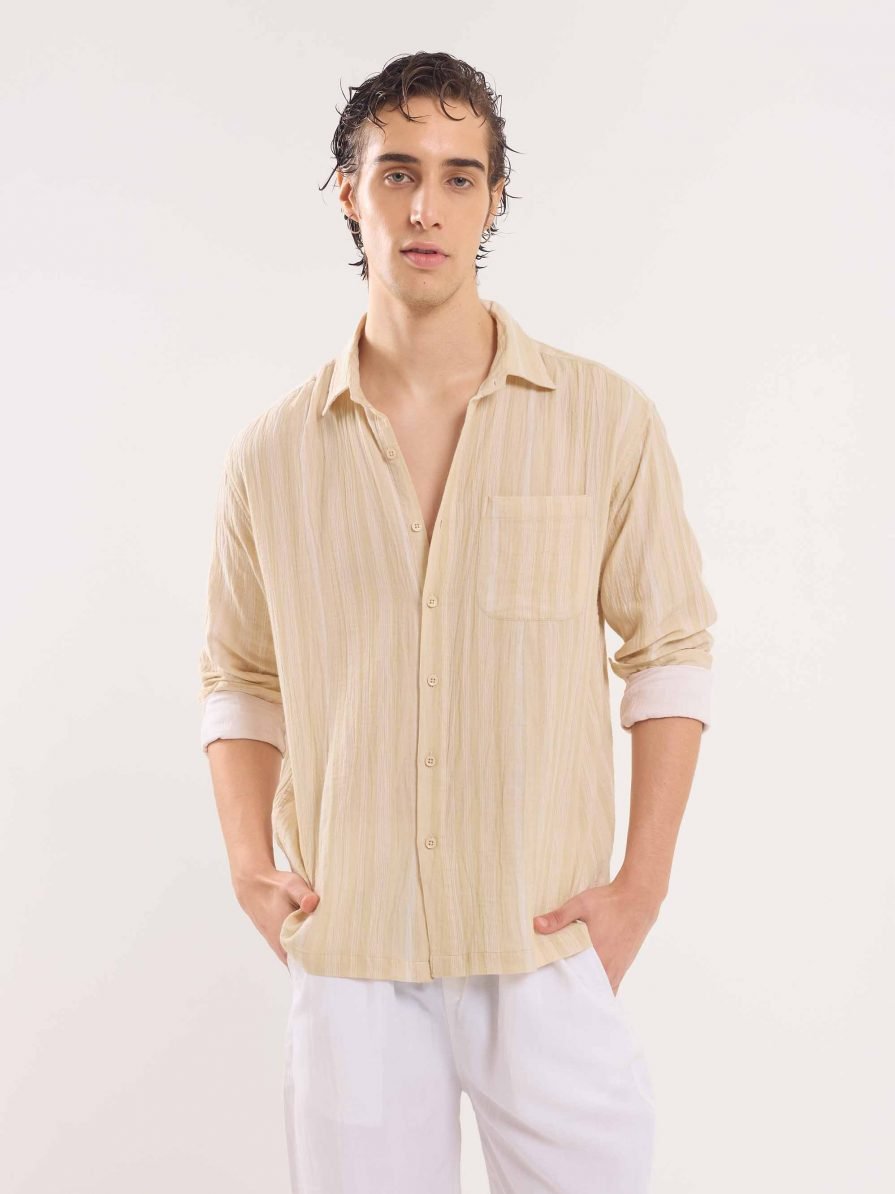 Beige Gauze Striped Holiday Shirt