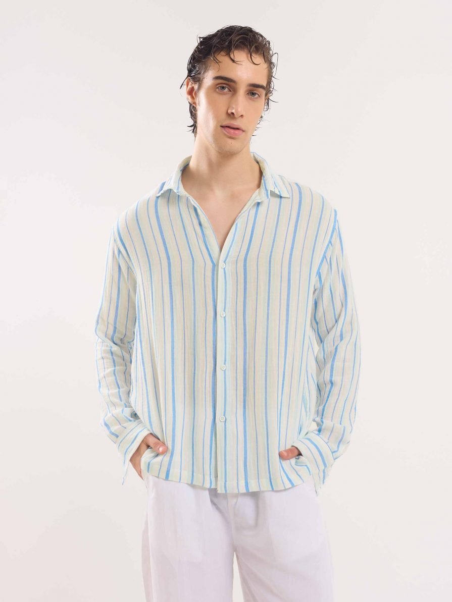 White Gauze Striped Holiday Shirt