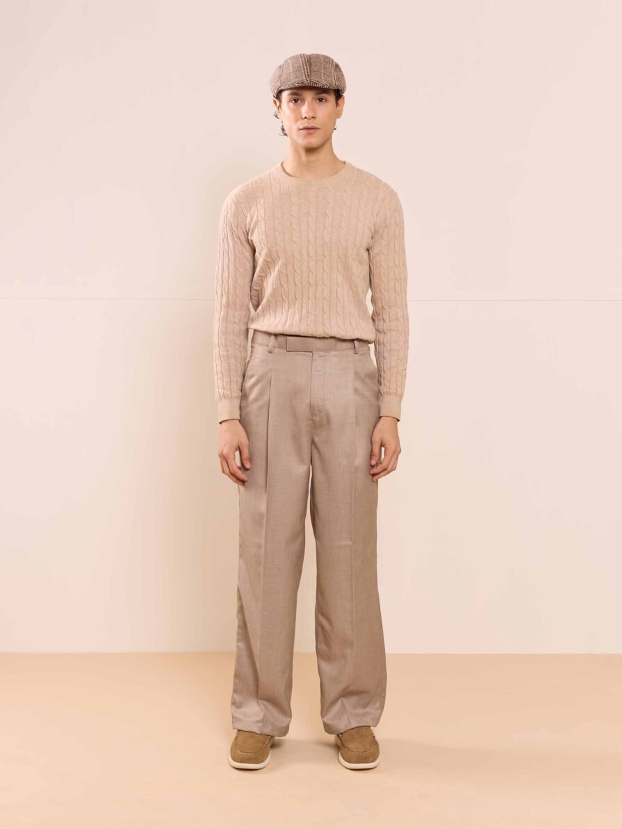 Beige Textured Baggy Fit Trousers