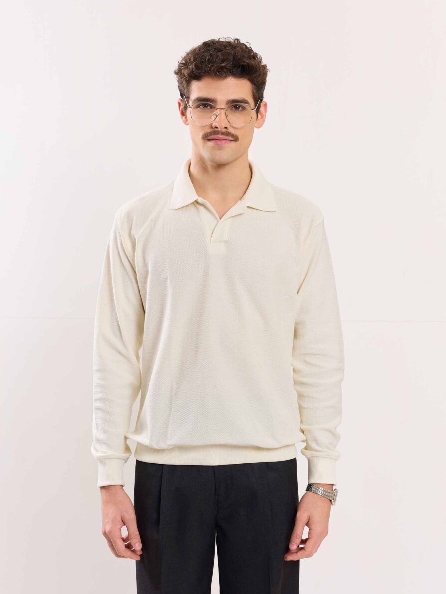 Cream Jacquard Knit Polo T-shirt