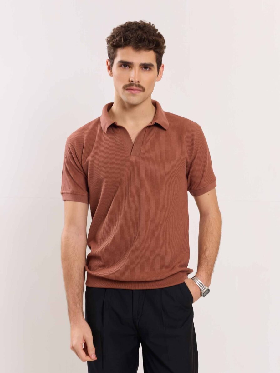 Brown Waffle Knit Polo T-shirt